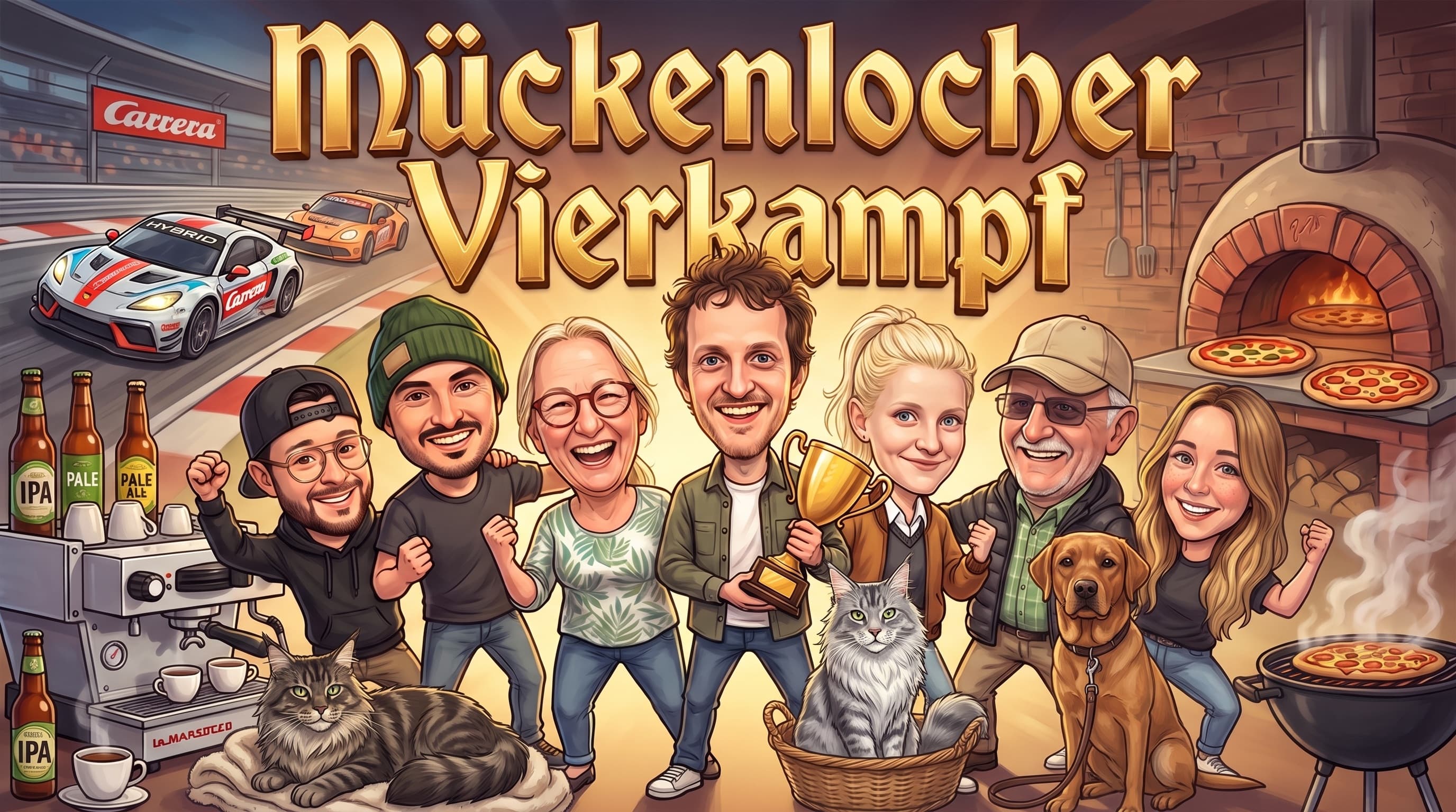 Illustration zum Mückenlocher Vierkampf mit Teilnehmenden, Carrera-Autos, Kaffee, Pizza und Haustieren